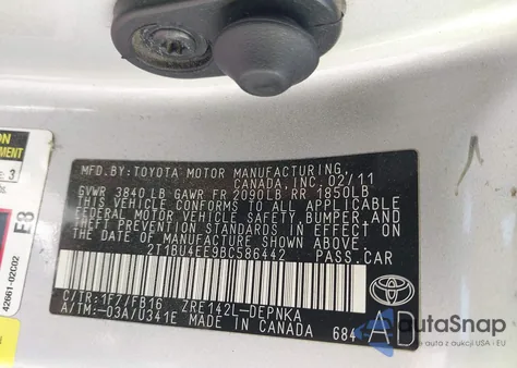 2011 Toyota Corolla Le z USA, uszkodzony, nr VIN 2T1BU4EE9BC586442